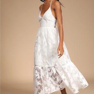 Lulu’s | Feeling Like Forever White Jacquard Organza Lace-Up Midi Dress